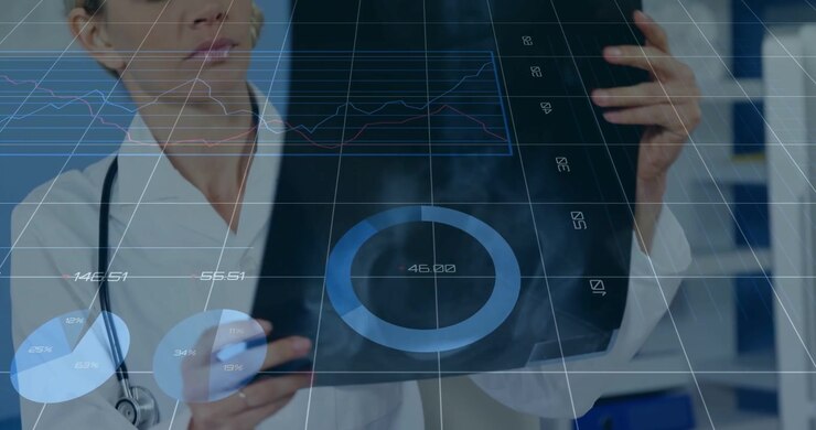 Female doctor reaching for film when blue overlays appear, tapping, lifting for diagnosis
