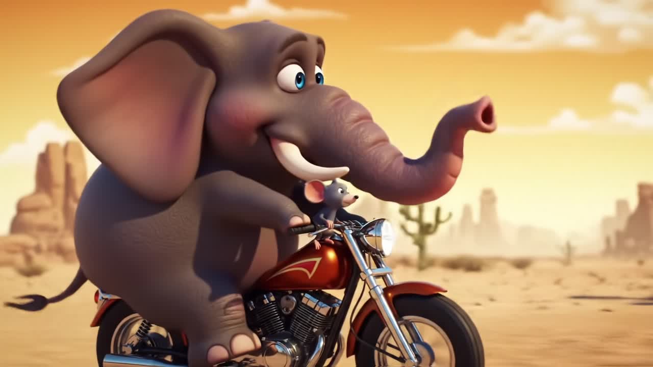 A Playful Elephant Riding a Motorcycle with a Small Companion in a Vibrant Desert Landscape, Capturing a Lighthearted Adventure and Bonding Moment