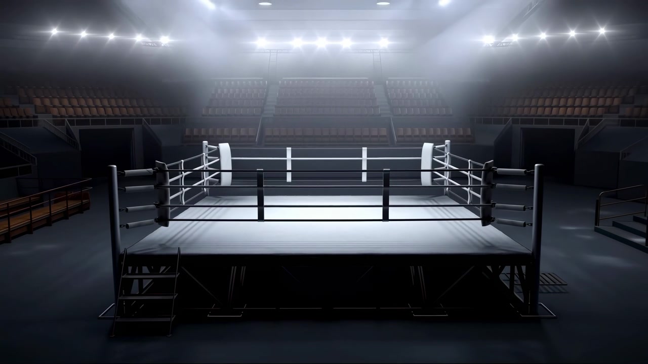 Ring de boxeo vacío con luces encendidas en un pabellón cubierto, visto desde un lateral, con detalles en blanco y negro y un ambiente neutro, mostrando el entorno y objetos cercanos