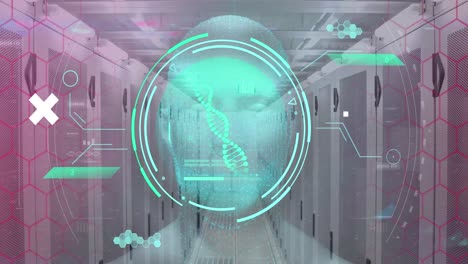 animation of data processing with globe and dna strand over server room