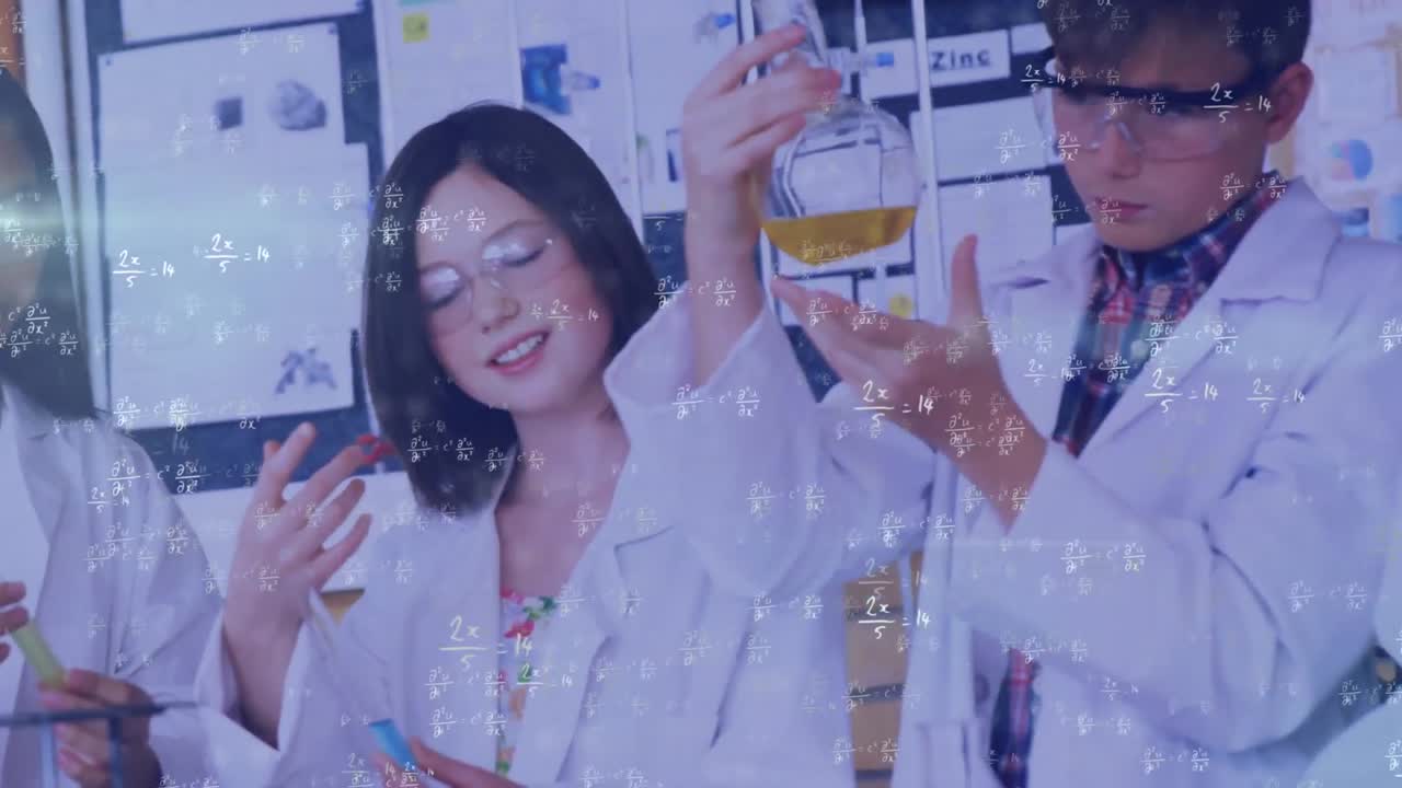실험실에서 액체를 검사하는 다양한 학생들에 대한 합과 추상적인 패턴의 애니메이션