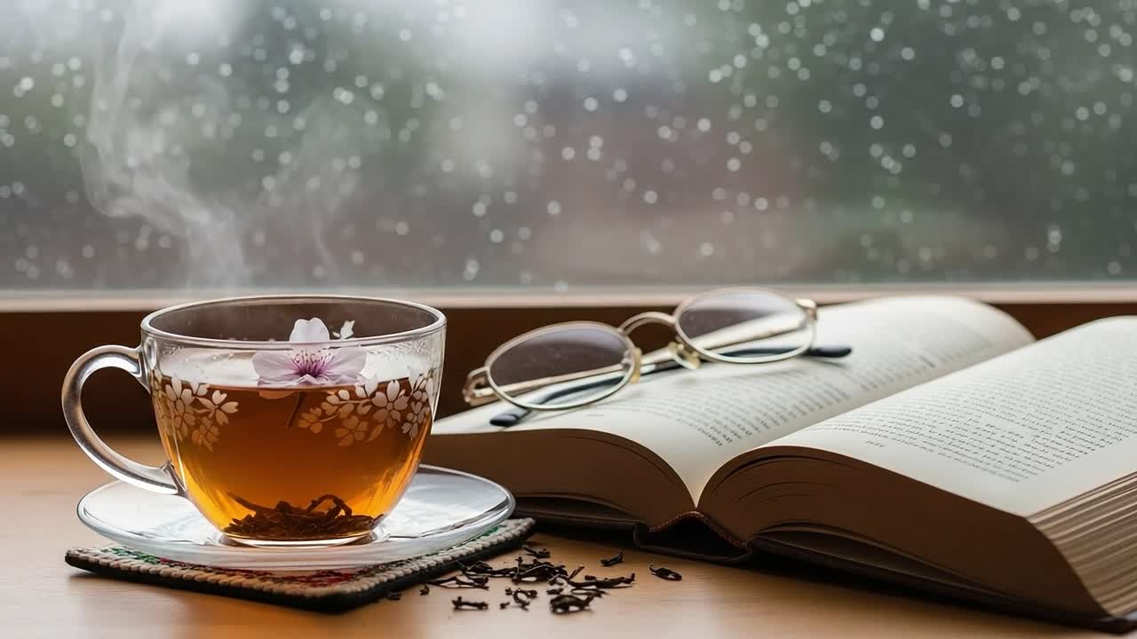A Cozy Moment of Tranquility: Enjoying a Cup of Herbal Tea with a Book by the Window, Embraced by the Calming Sound of Rain and the Aroma of Blossoms