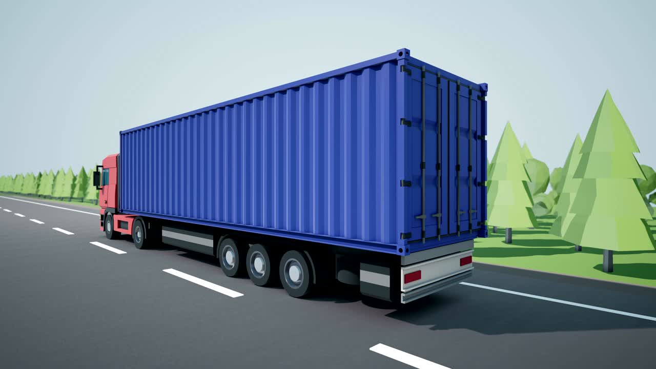 뒷면 카메라는 40피트 컨테이너를 화물 트레일러에 탑재하고 고속도로에서 운전하는 유로 세미 트럭을 따릅니다.