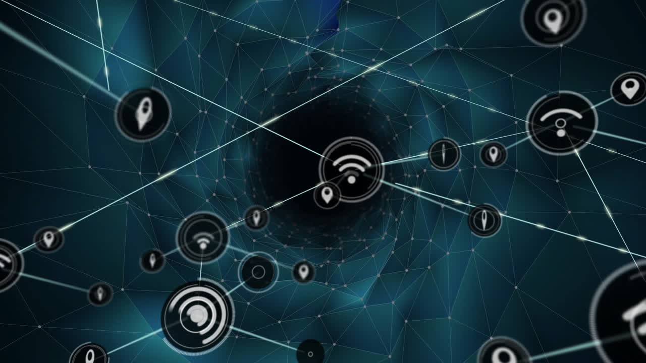 Animation of network connectivity symbols in digital tunnel with geometric patterns