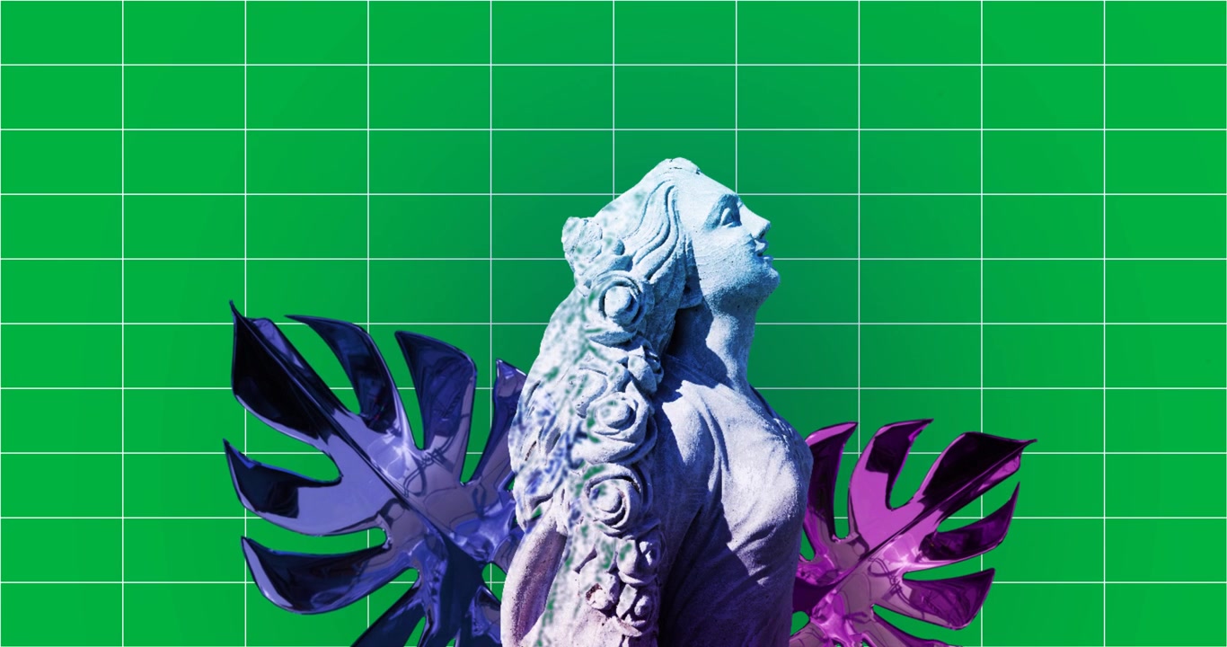Animazione di una scultura antica al neon e foglie con effetto glitch su sfondo trasparente.