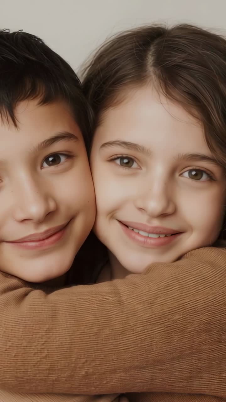 Vertical video: Smiling siblings hugging after camera rolls for portrait in home, brown knit sleeve