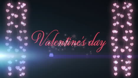 valentine''s day text animation over hanging heart decorations on dark background