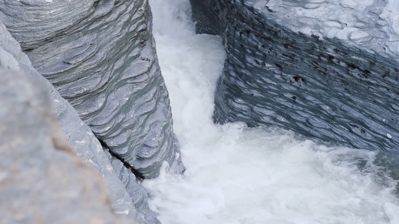 Fast flowing river between rocks. Close up shot