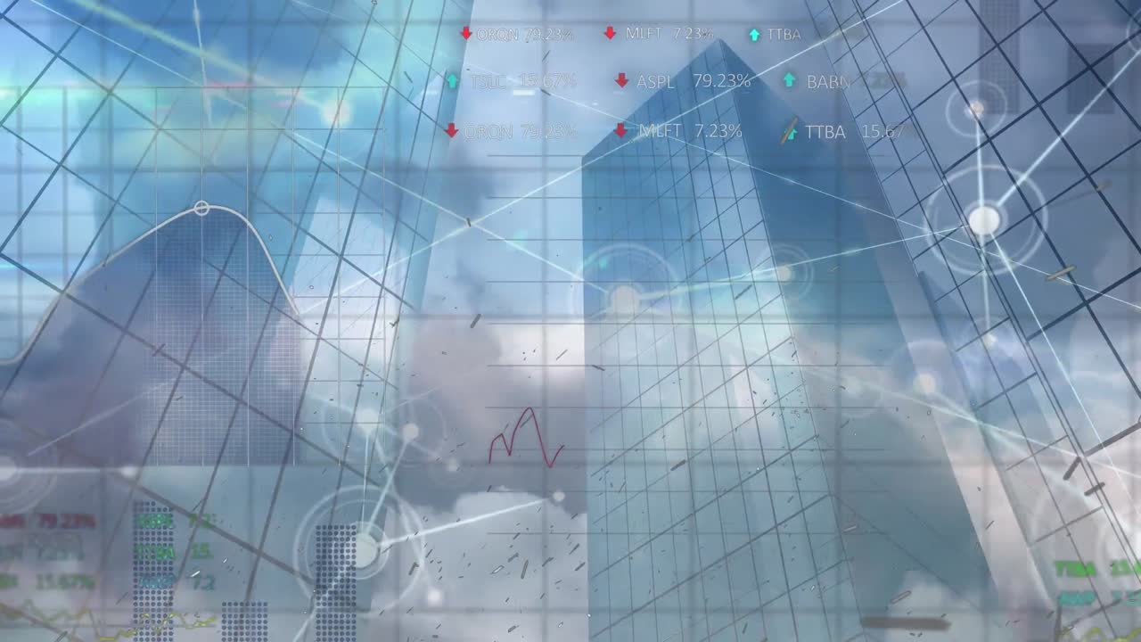 都市の景色の映像にデータ処理と点が重なるアニメーション