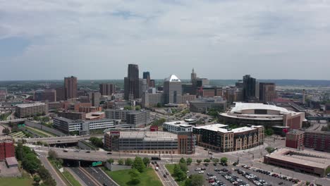 Super-wide-panning-aerial-shot-of-downtown-Saint-Paul,-Minnesota