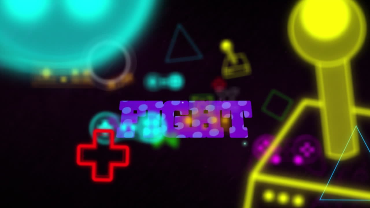 animación de banner de texto de lucha y iconos de controlador de videojuego de neón contra fondo negro