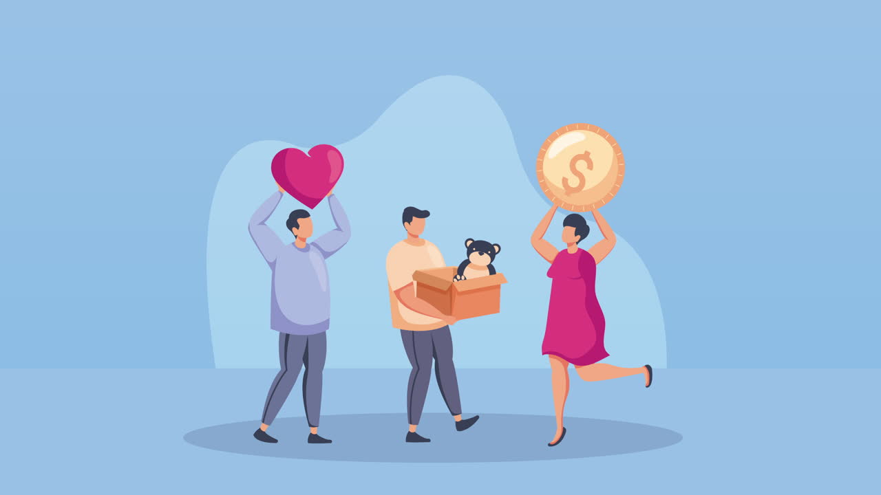 세 명의 자원봉사자가 기부품 애니메이션을 가지고 있습니다.