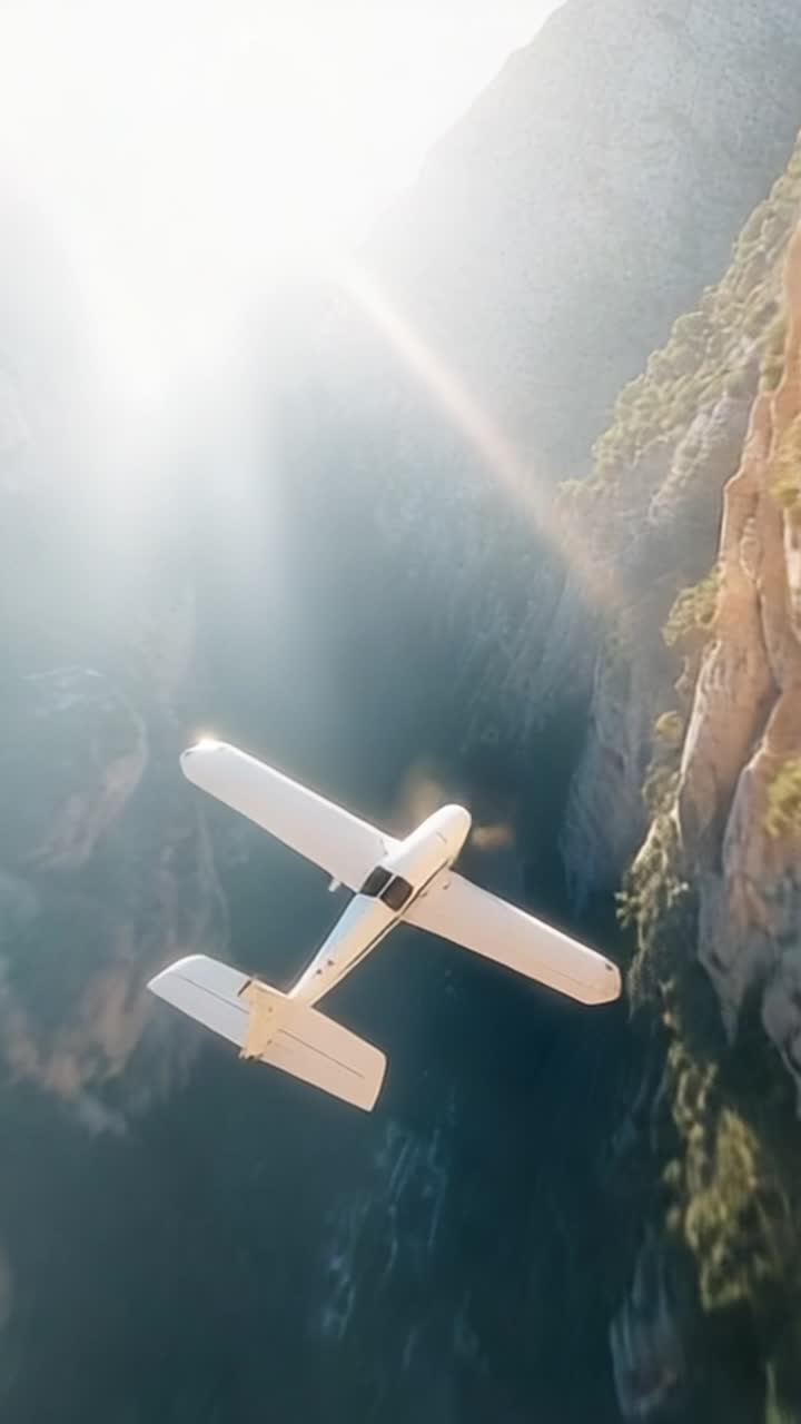 Viaggio Aereo Attraverso Valli Montane Panoramiche: Momenti Catturati di un Piccolo Aereo che si Libra tra Maestose Scogliere e Natura Illuminata dal Sole in un'Avventura di Volo Indimenticabile