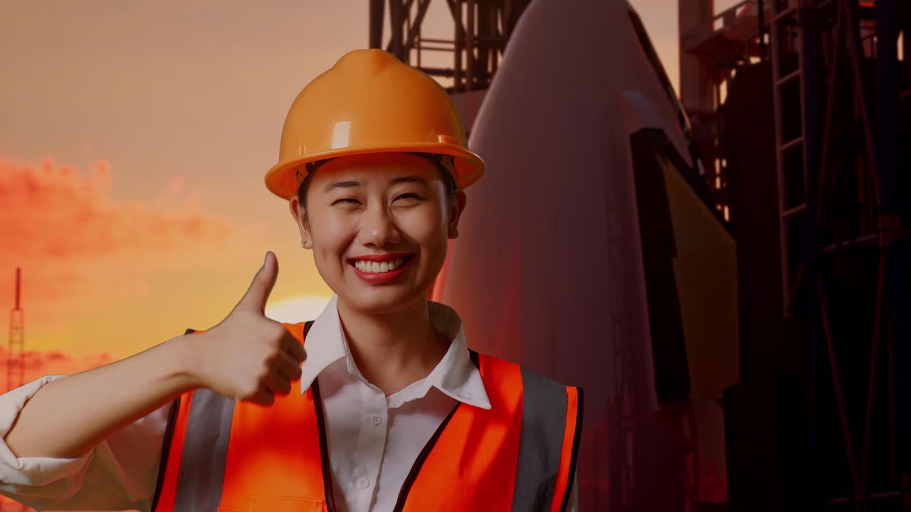 안전 헬을 입은 아시아 여성 엔지니어가 미소 짓고 엄지손가락을 올려 카메라에 제스처를 하고 우주왕복선과 함께 서 있습니다.
