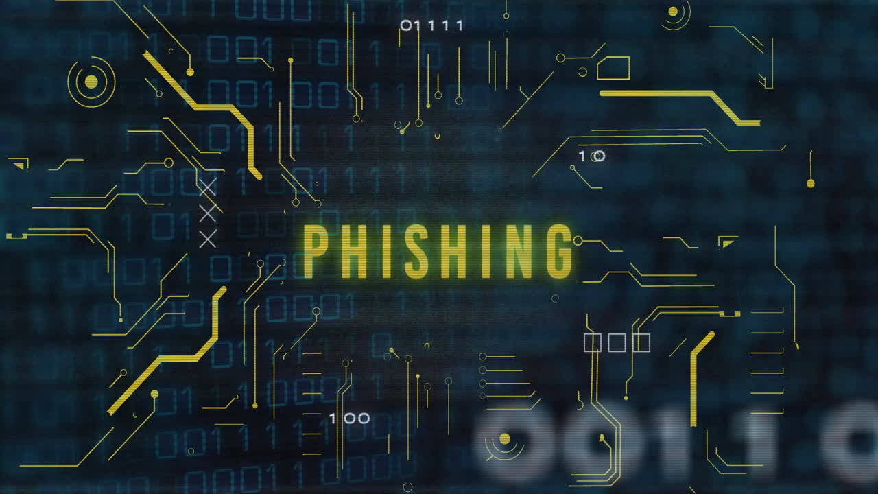 Phishing text animation over binary code and digital data background
