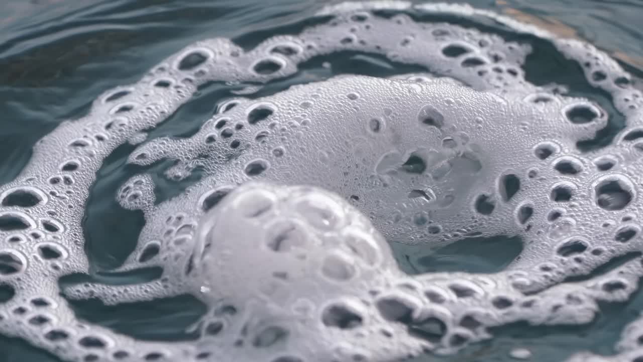 Close-up video of soap bubbles on water, capturing the texture and movement from a top-down angle
