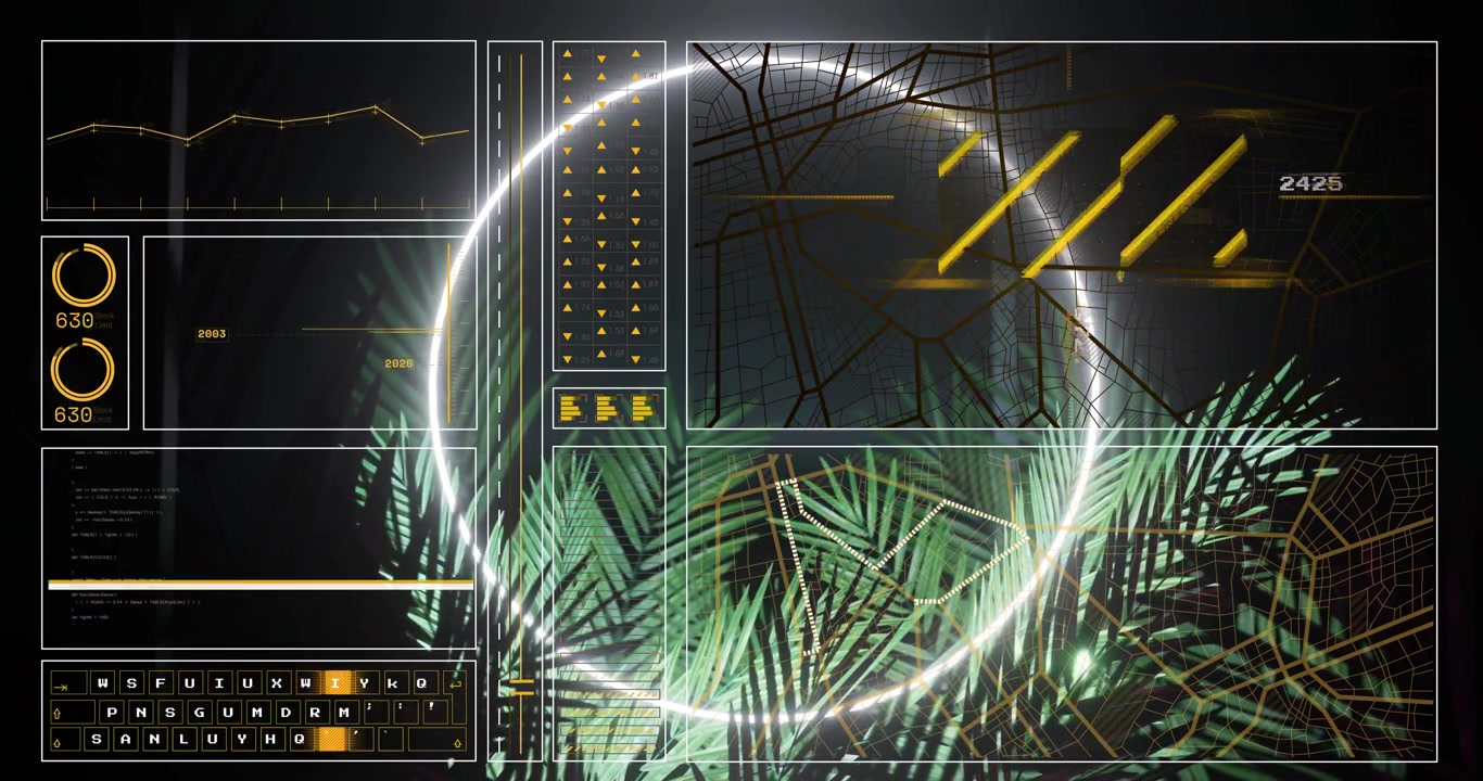 Darkness fading activating panels and glowing ring animating charts and gauges illustrating growth