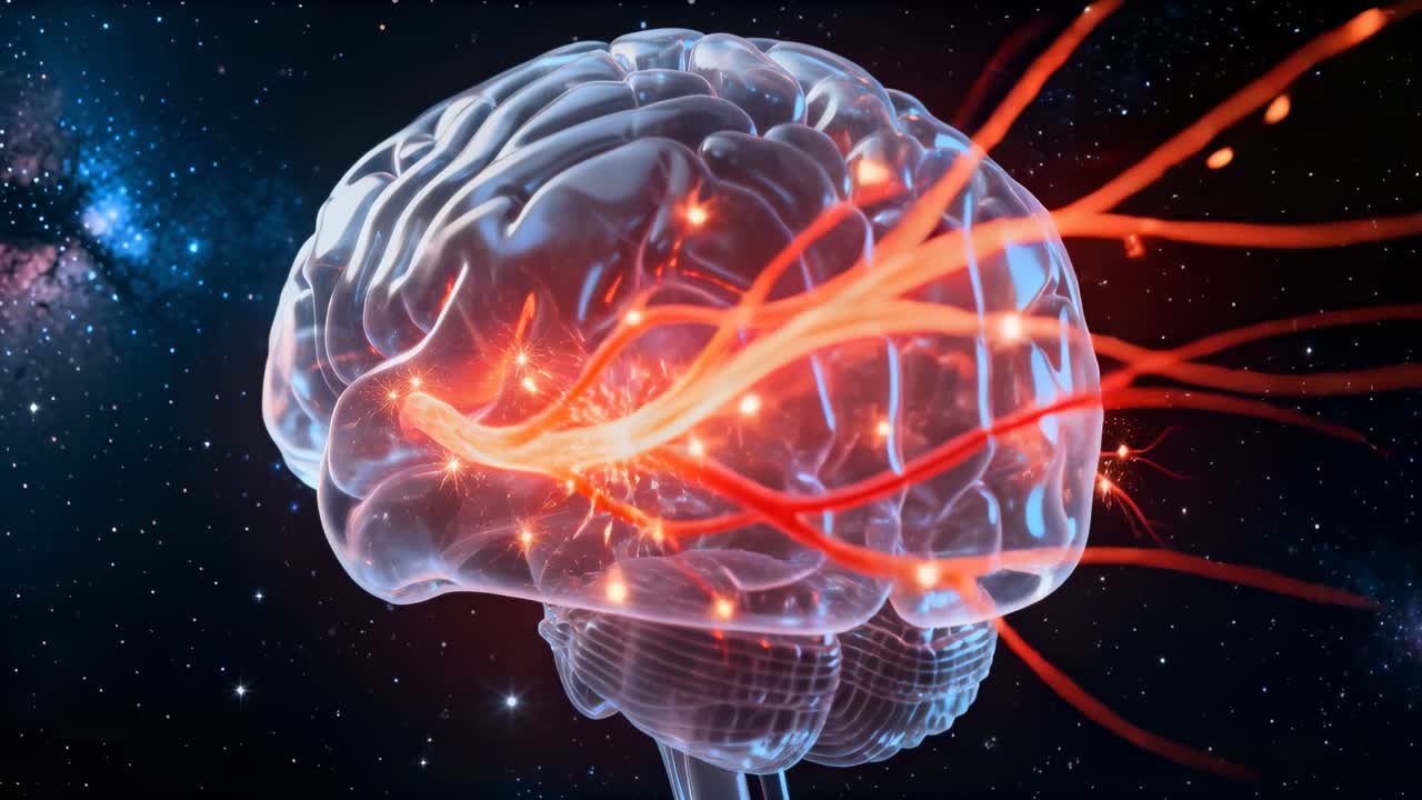 Glass brain rotating over starfield, red filaments contacting cortex and pulsing nodes for science
