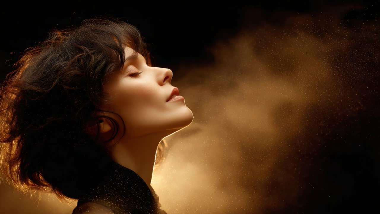 Un momento di serenità catturato: la bellezza e l'eleganza di una donna illuminata da una luce eterea e da delicate particelle di polvere in un'atmosfera incantevole
