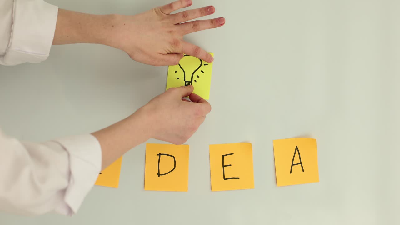 Hands placing a lightbulb sticky note to form the word IDEA on a whiteboard