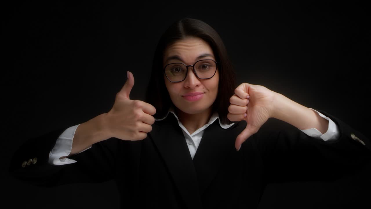 la mujer levanta y baja los pulgares no puede elegir entre gustar o no gustar