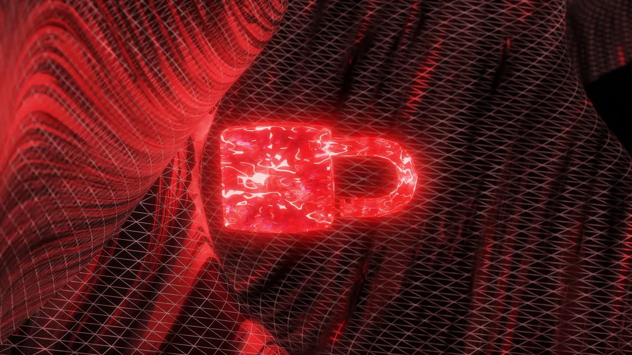 Glowing red padlock over abstract digital mesh surface in dark space. Cyber security and data encryption concept. Design for banner, poster, wallpaper, header vertical