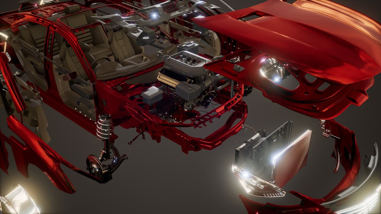 coche desmontado con partes visibles