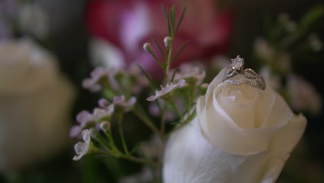 bride's wedding ring setting in a flower petal on a bouquet - slow motion close up shot