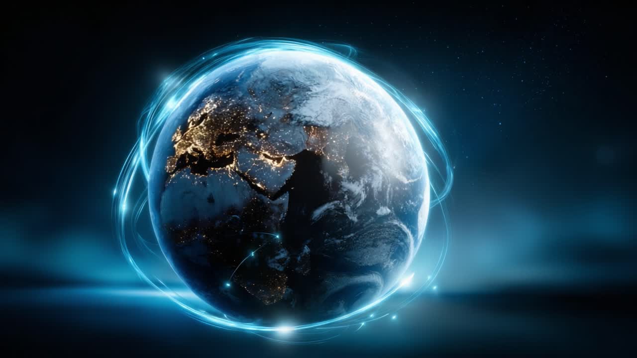 Stunning View of Earth Illuminated by City Lights, Surrounded by a Dynamic Energy Ring, Highlighting the Blend of Nature and Technology in a Darkened Space Environment