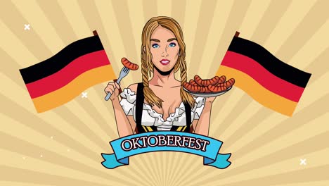 섹시한 소녀가 소시지를 먹고 맥주와 독일 발을 마시는 행복한 oktoberfest 축제 애니메이션