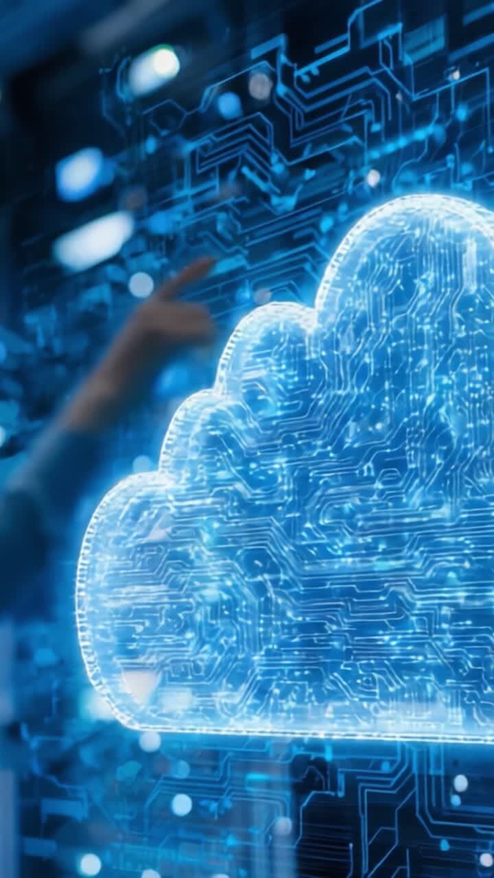 Udforskning af den digitale fremtid: Et indblik i cloud computing-teknologier og -innovationer, repræsenteret af en glødende sky, der symboliserer forbindelse og datastyring.