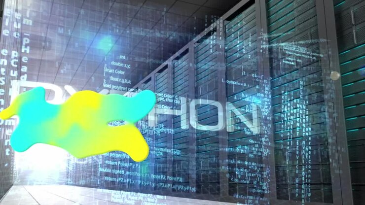 Animation of colorful stain over data processing and server room