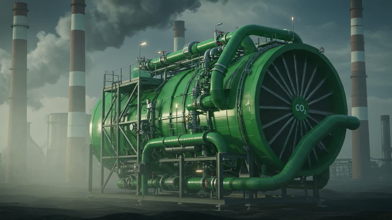 Innovative Green Technology: A Cutting-Edge Carbon Capture System in an Industrial Setting Showcasing Sustainable Practices Amidst Pollution