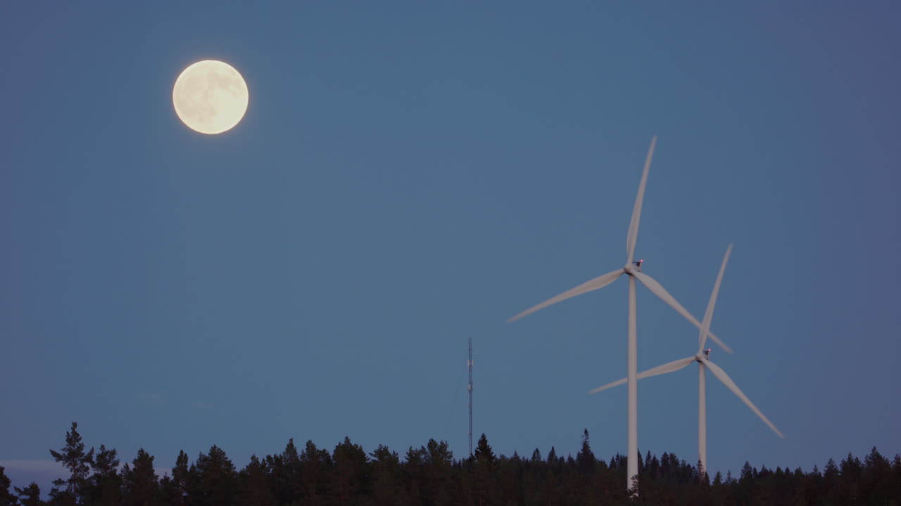 TWILIGHT, CLOSEUP - Wind turbines spin fast next to a full moon
