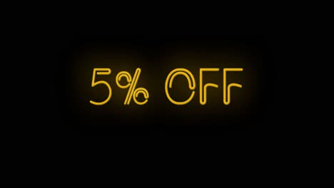 flashing neon 5% off orange color sign on black background on and off with flicker