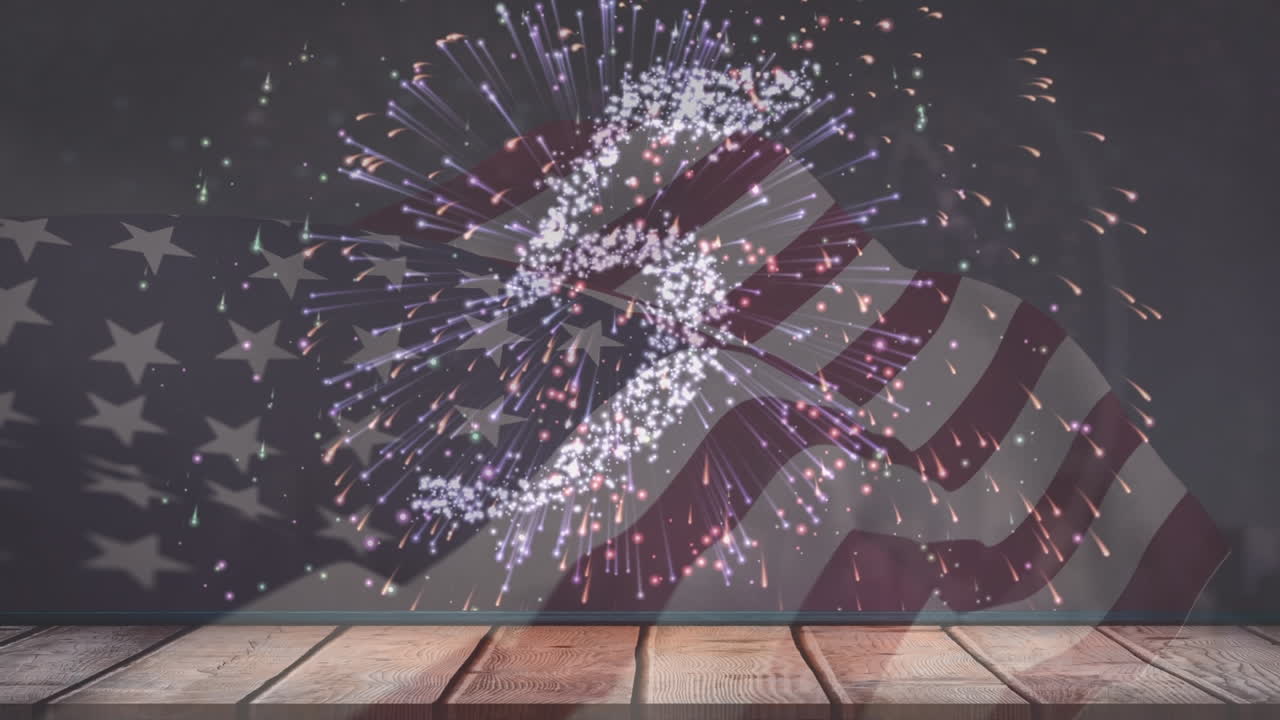 animación de la bandera de américa ondeando sobre la cuenta atrás y fuegos artificiales