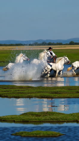white horses running through water with rider