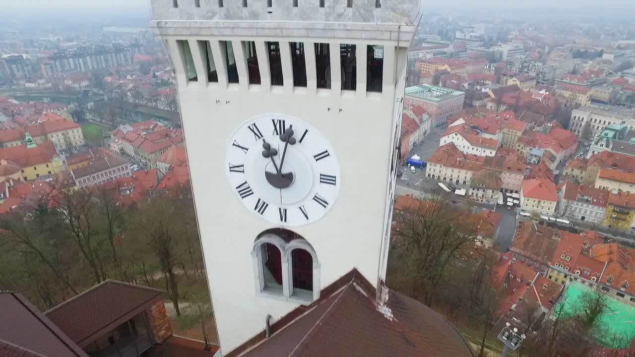 Fly over Ljubljana castle, one of the most important landmarks of the city, Slovenia.
