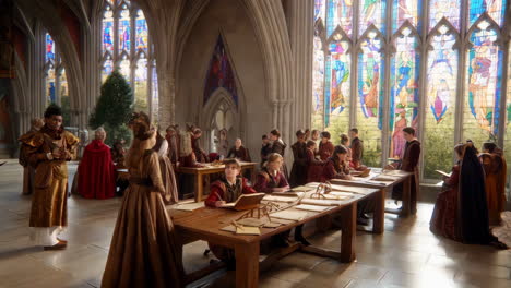 students engaged in study within a grand fantasy school hall