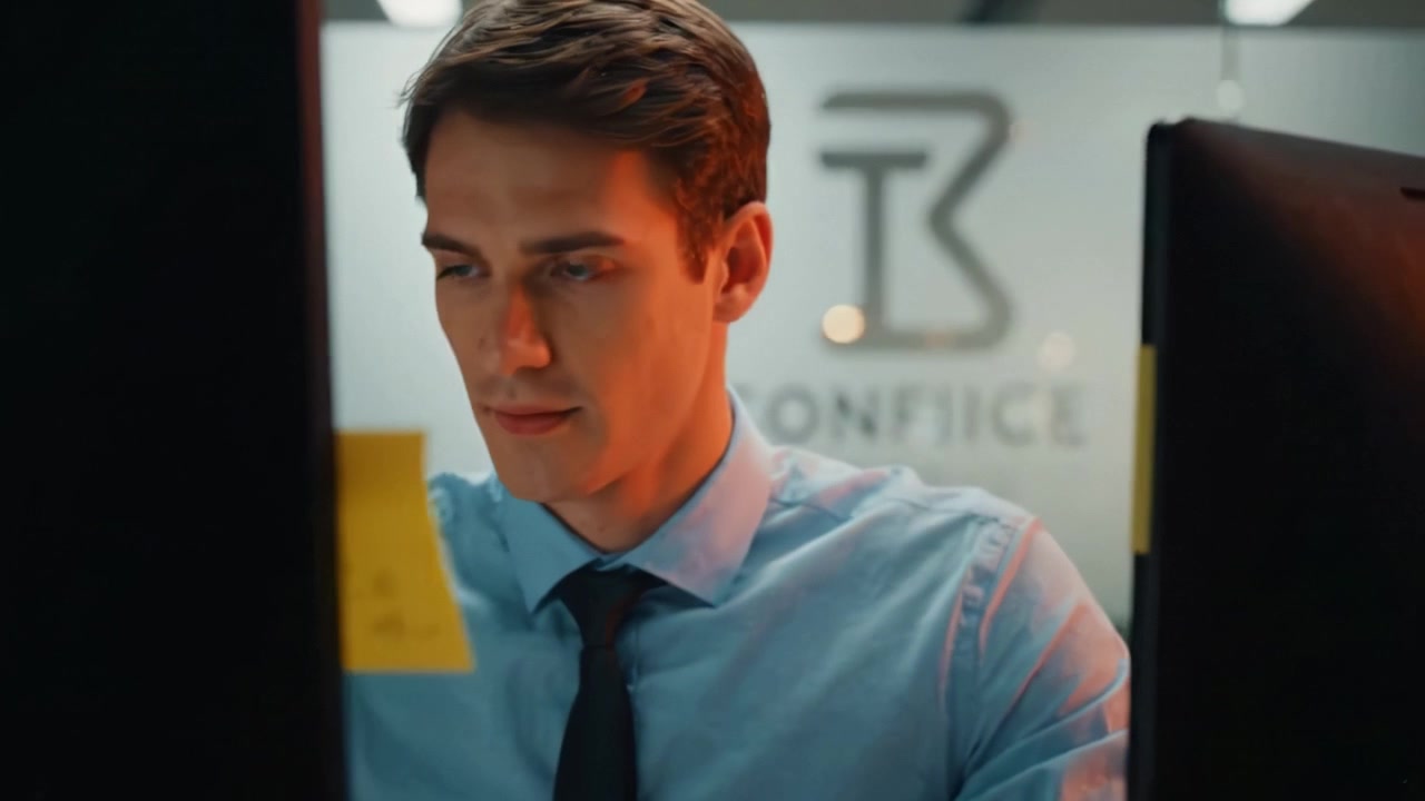 Professionista concentrato in un ambiente d'ufficio, impegnato nel lavoro con schermi di computer e post-it, dimostrando concentrazione e creatività in uno spazio di lavoro moderno.