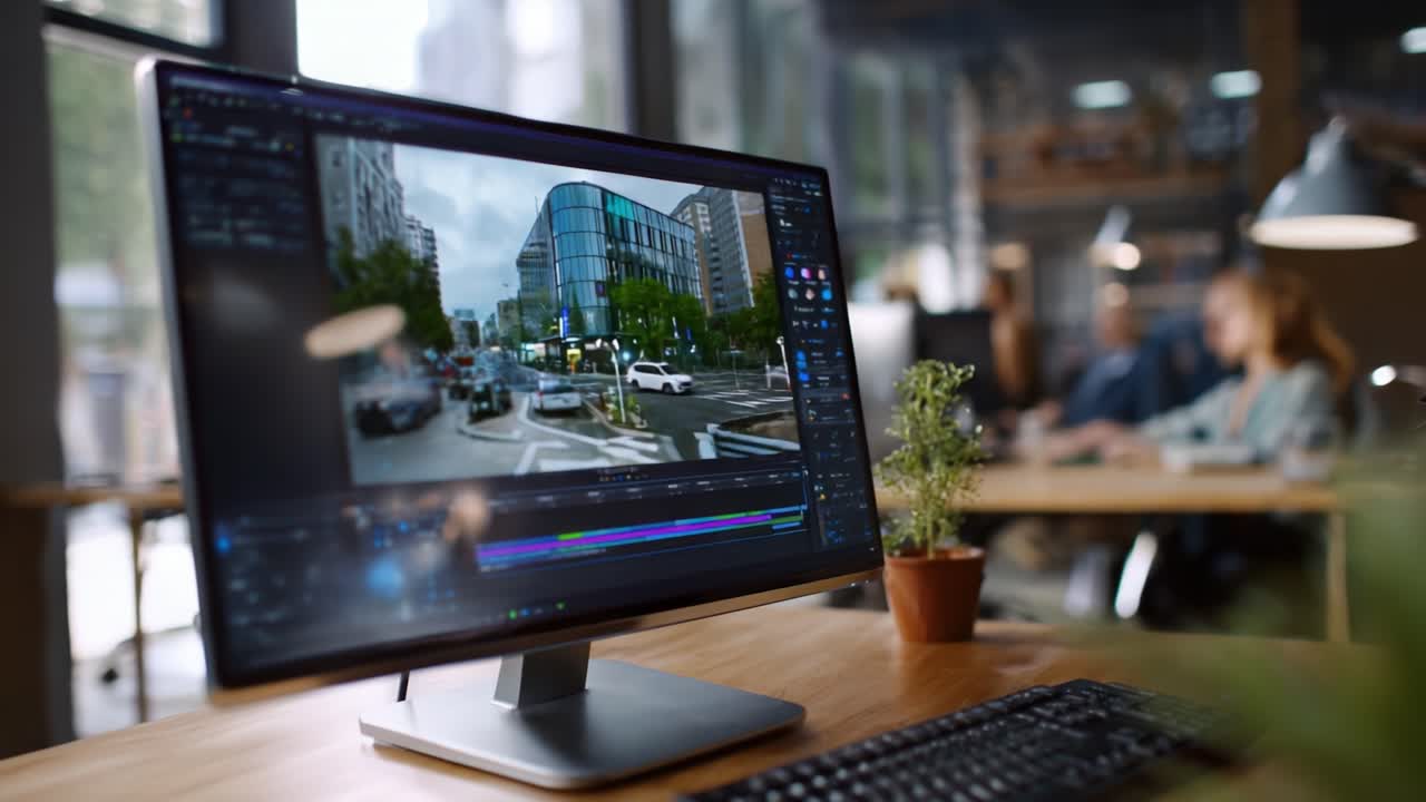 Una moderna workstation che mostra l'editing video in un vivace ambiente ufficio, con particolare attenzione a un display ad alta risoluzione e a un ambiente utente coinvolgente