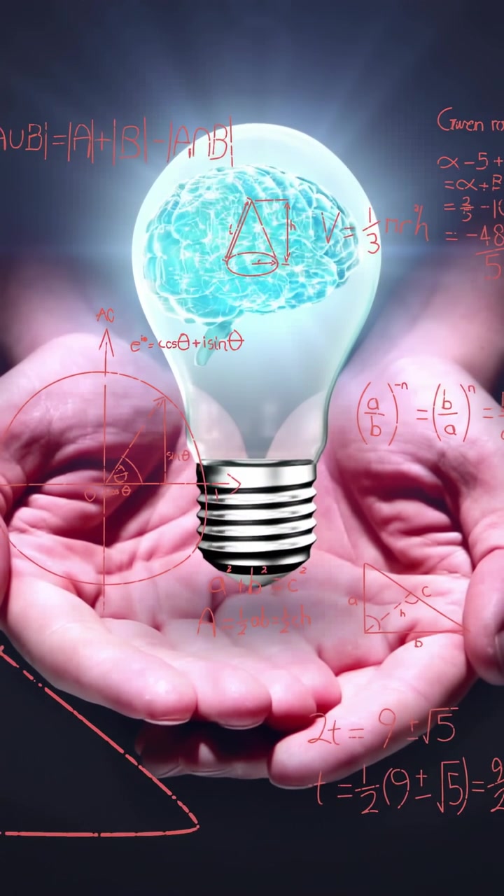 Vertical video: Hands cupping blue brain bulb, starting red math filling chalkboard, teaching math