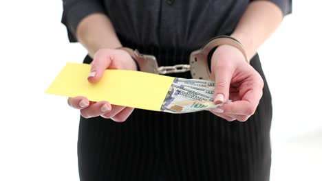 handcuffed hands holding envelope of money