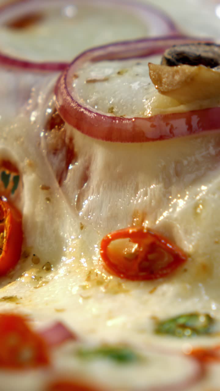 Close-up of a delicious pizza with cheese and toppings