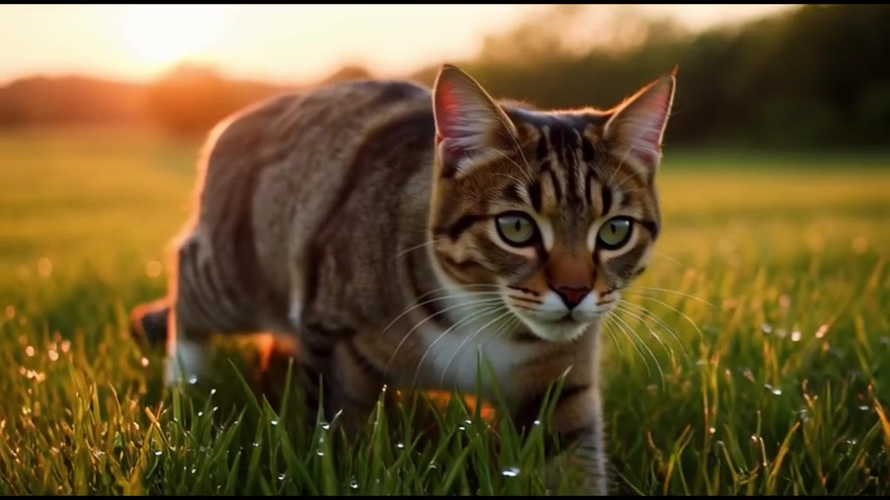 Gatto soriano che cammina attraverso un campo erboso al tramonto