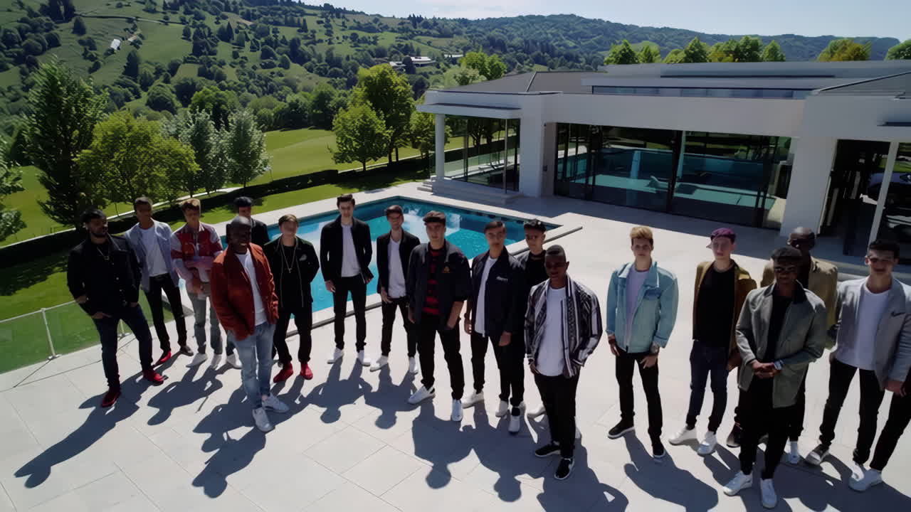 Group of men posing in front of a luxury home and pool
