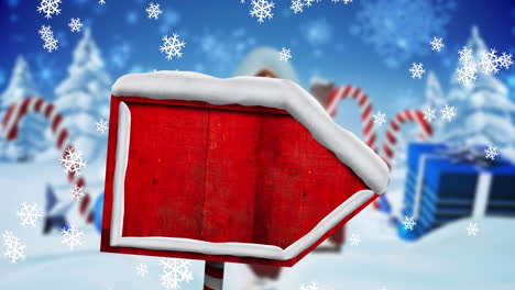 animación digital de copos de nieve cayendo sobre un poste de cartel de madera roja contra una caja de regalos de navidad