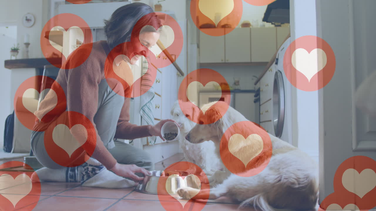 그녀의 애완견과 함께 백인 여성 위에 심장 아이콘의 애니메이션