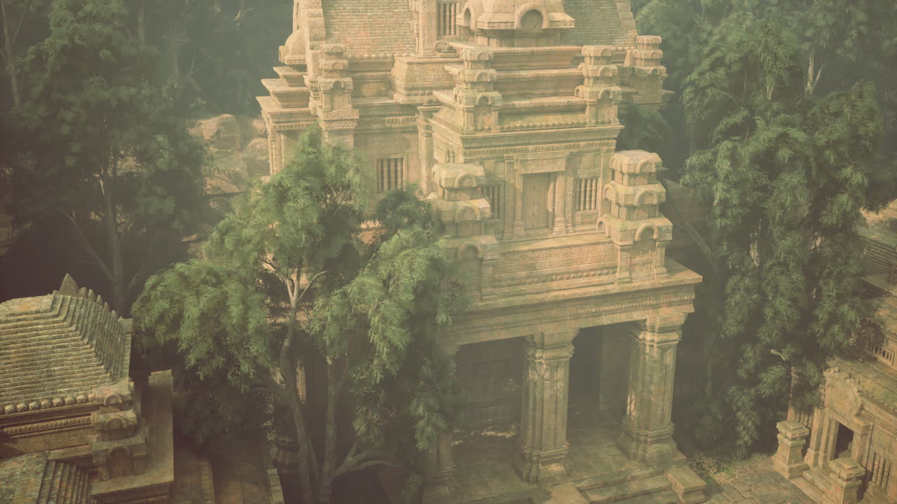 Majestic ancient temple surrounded by lush greenery at sunset