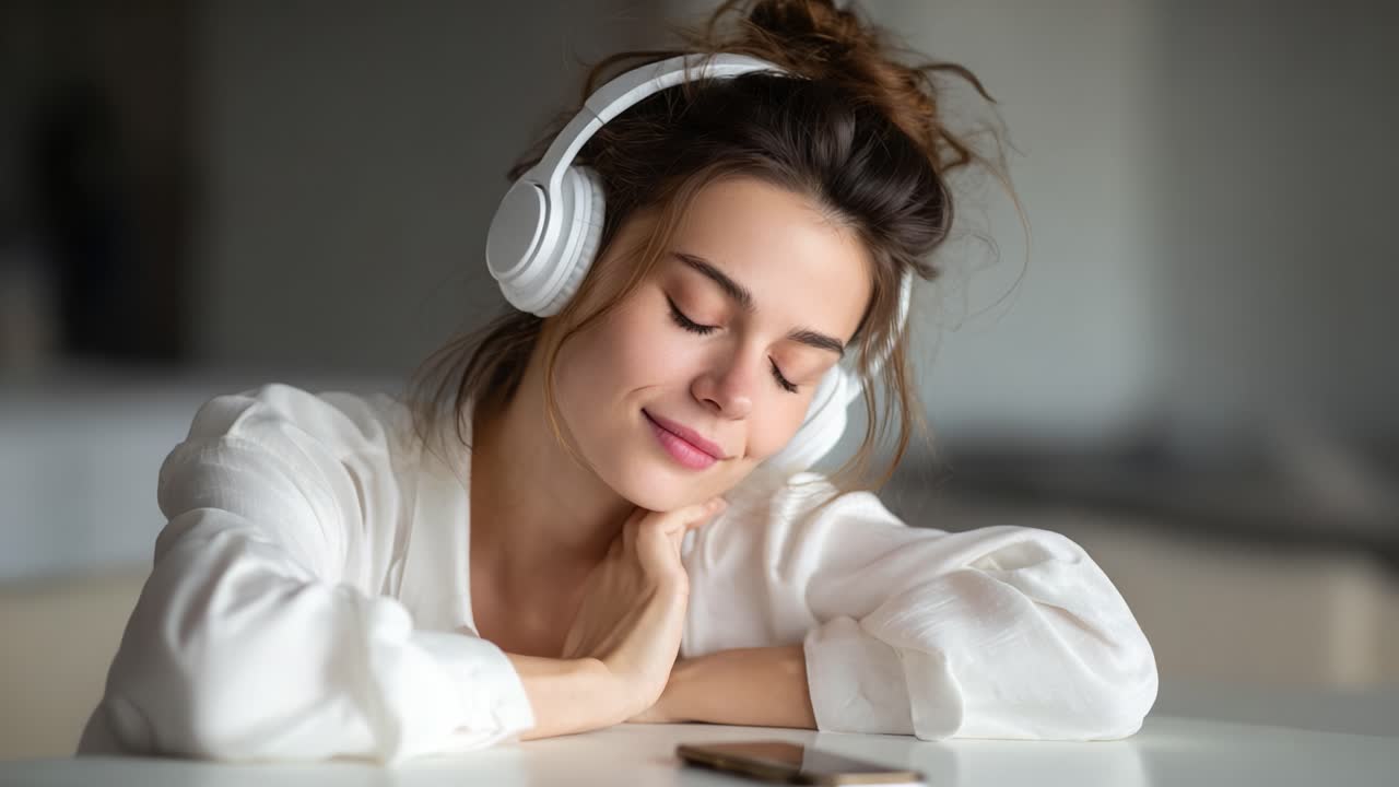 A young woman relaxes and enjoys music while wearing white headphones, embodying a moment of tranquility and connection with her favorite tunes. The warm atmosphere enhances her joyful experience